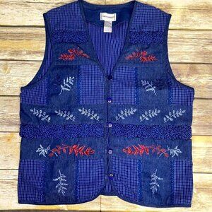 VINTAGE Lagenlook Napa Valley Patchwork Embroidered Button-Up Denim Vest size M